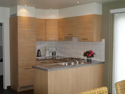 a kitchen with wooden cabinets and a sink at De Jölenberg in Heers