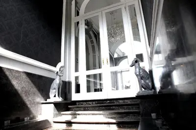a window with two statues sitting on the steps at B&B N°5 in Liège