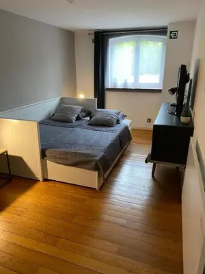 a bedroom with a bed and a television in it at bij Petros in Oudsbergen