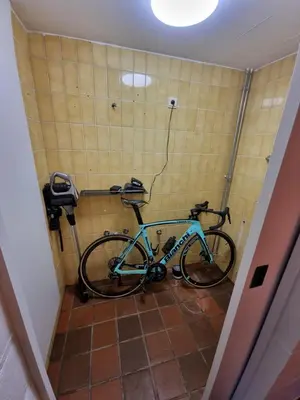 a bike parked in a bathroom with a wall at Gezellig appartement in groene omgeving in Drijhoeven