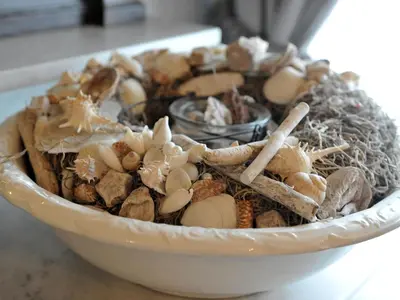 a white bowl filled with shells and sticks at Vlaanderen Cozy Cottage in Eisden