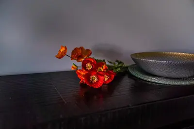 a bouquet of red flowers sitting on top of a table at De Hoog Velden 11 in Pelt