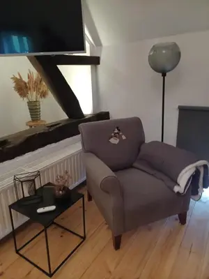 a living room with a chair and a table at Luxe-kamer Bed en Bokes in Drieslinter