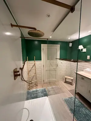 a bathroom with green walls and a glass shower at Huys In As in As