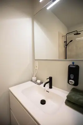 a bathroom with a white sink and a mirror at City Housing Genk in Genk