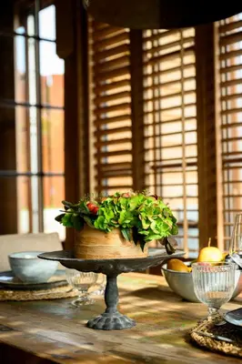 a table with a plant in a pot on a stand at guesthouse Kamiele bij Lavendine Pure in Genk