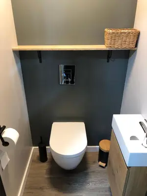 a bathroom with a white toilet and a sink at Hoeve Terwinghe in Gingelom