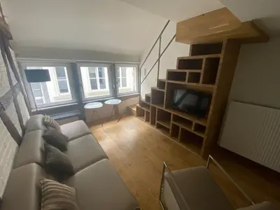 a living room with a couch and a tv at TRIPLEX NEUVICE in Liège