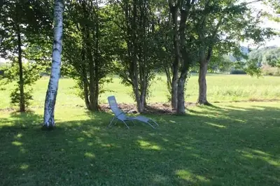 a white chair sitting in the grass near trees at La maison de Barbara in Aubel