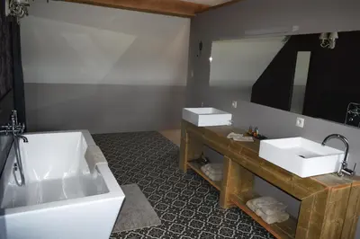 a bathroom with two sinks and a large mirror at Hoeve Lavigne in Wellen