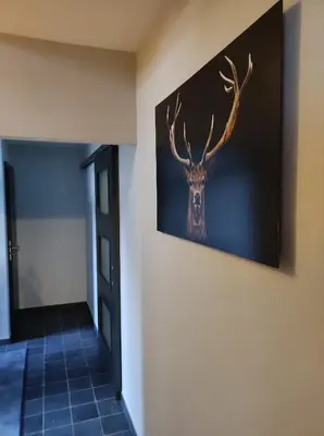 a picture of a deer on the wall in a hallway at Gîte La Renéade in Foyr
