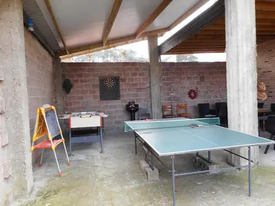 a ping pong table in a patio with a brick wall at De Hoog Velden 14 in Pelt