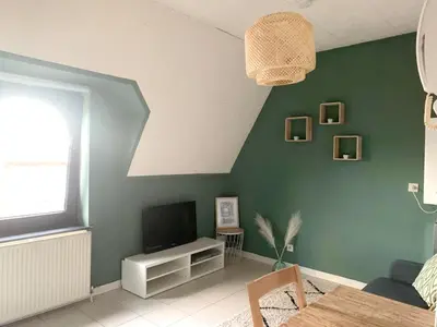 a living room with a television and a green wall at Modern studio in Saint-Nicolas, 35m², city view, parking in Ans