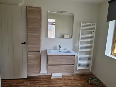 a bathroom with a sink and a mirror at Gîte Eschen in Plombières