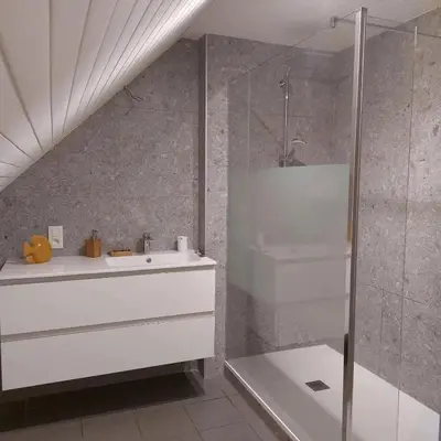 a bathroom with a white sink and a shower at Ô Baguenaudes in Jalhay