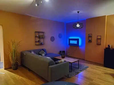 a living room with a couch and a tv at Leopold Appartementen & studio's in Sint-Truiden