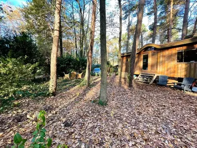 a cabin in the woods with leaves on the ground at Pipowagen de Kat in de Hoge Kempen nabij Maastricht in Lanaken