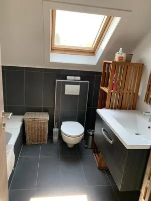 a bathroom with a toilet and a sink and a window at Fully furnished house, wifi, garage in Chaffours