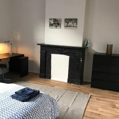 a bedroom with a fireplace and a bed and a desk at Magnifique appartement 1ch en Outremeuse in Liège