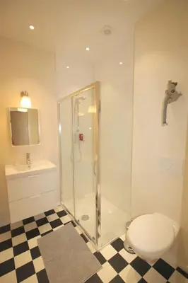 a bathroom with a shower and a toilet and a checkered floor at Appartement 3 chambres en plein centre ville in Liège