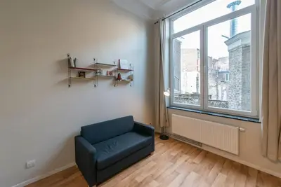 a living room with a blue couch and a window at Joli appartement 2 chambres à Liège in Liège