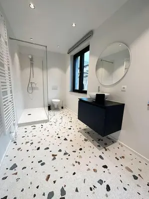 a bathroom with a shower and a sink and a mirror at Duplex hyper centre in Liège