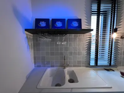 a bathroom with a sink and three blue cards on a shelf at Red cross street in Lommel