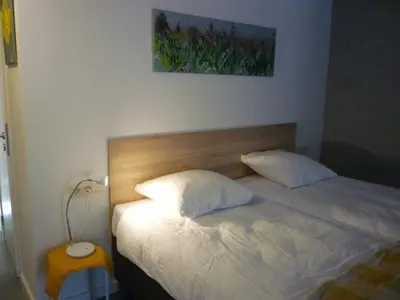 a bed with two pillows on it in a bedroom at De Hoog Velden 15 in Overpelt