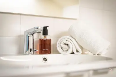 a bathroom sink with a bottle of soap and a towel at Smart Bnb - Appart Hotel Battice in Herve