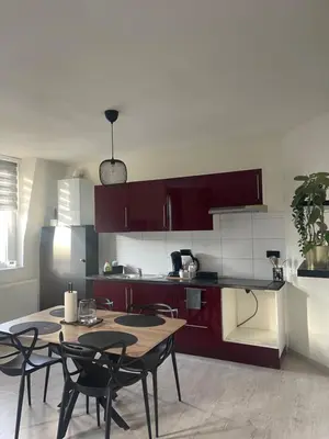 a kitchen with a table and chairs in a room at Le cocon de la belle liégeoise in Liège