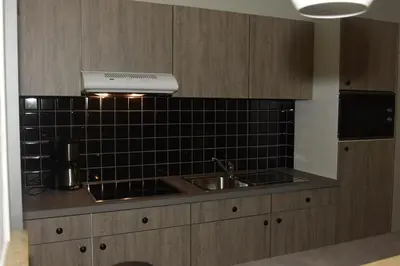 a kitchen with a sink and a stove at Kiefhoekhuisje in Hechtel-Eksel