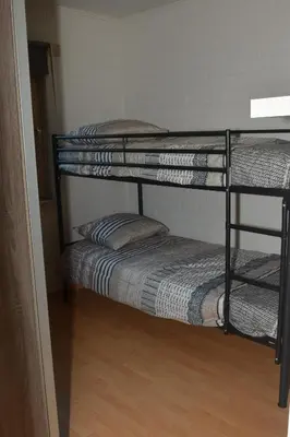 a room with three bunk beds in a room at Kiefhoekhuisje in Hechtel-Eksel