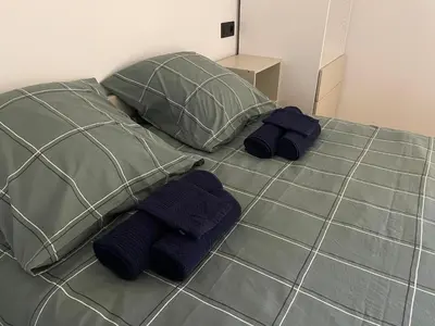 a bed with two mitts and two pillows on it at L’émeraude in Liège