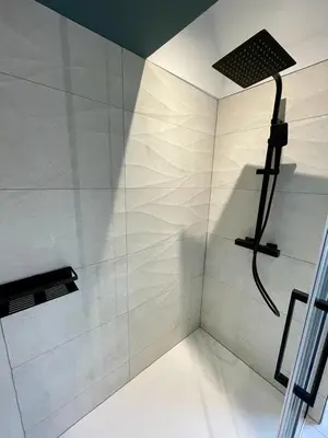 a bathroom with a shower with a glass wall at Gite de Clermont in Thimister