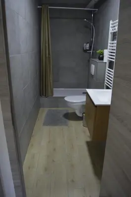 a bathroom with a toilet and a sink and a shower at Agréable duplex proche de toutes commodités in Ans