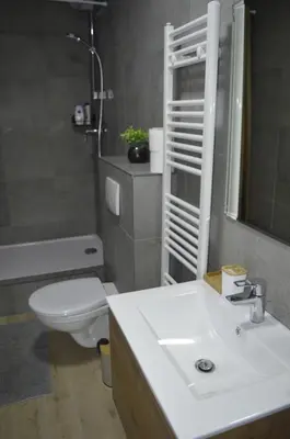 a bathroom with a white sink and a toilet at Agréable duplex proche de toutes commodités in Ans