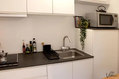 a kitchen with a sink and a microwave at Het Veldhuis in As